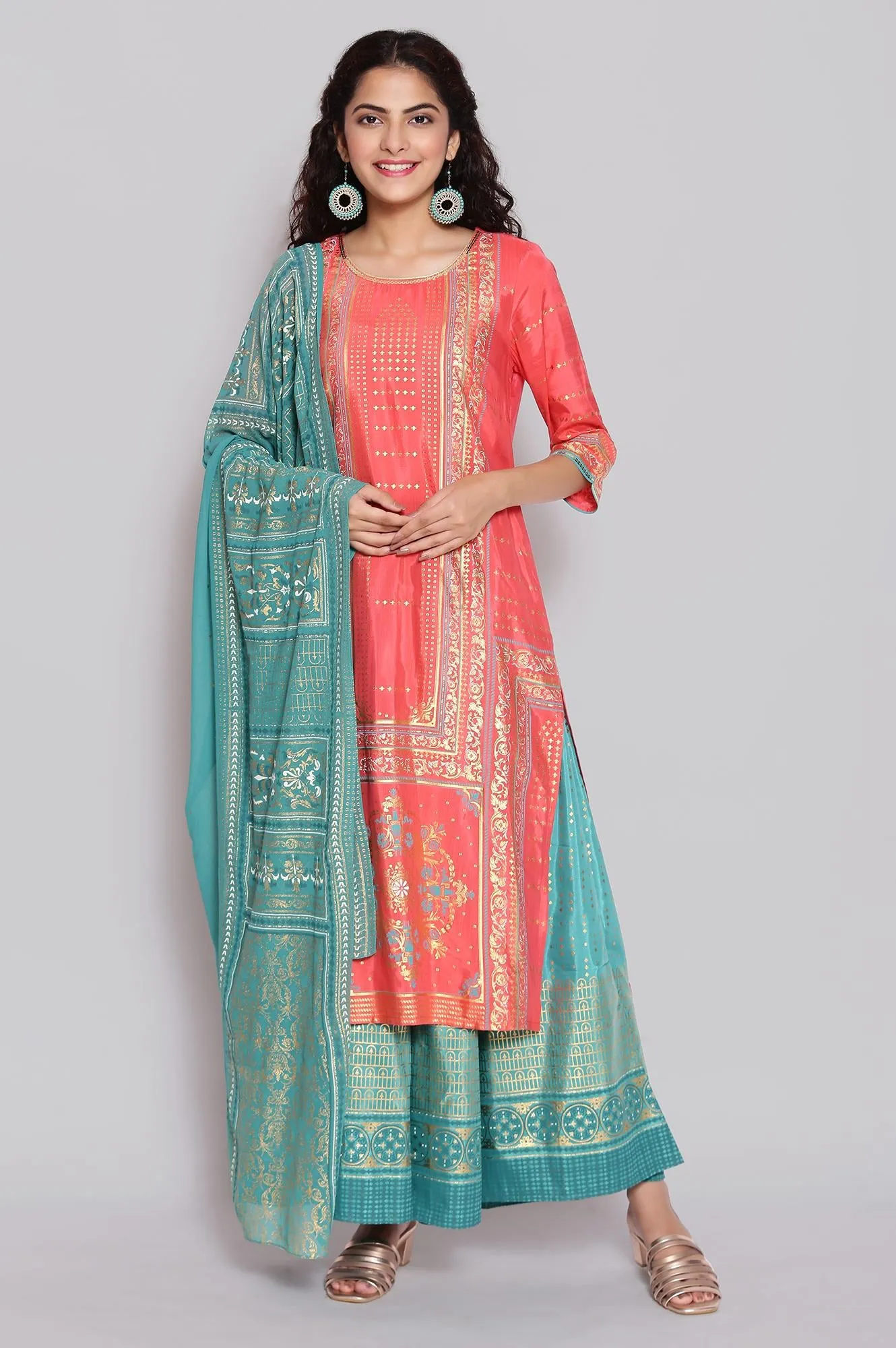 Peach Printed Straight kurta Palazzos Dupatta Set