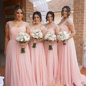 pink bridesmaid dresses long lace appliqué beaded cap sleeve a line cheap wedding party dress
