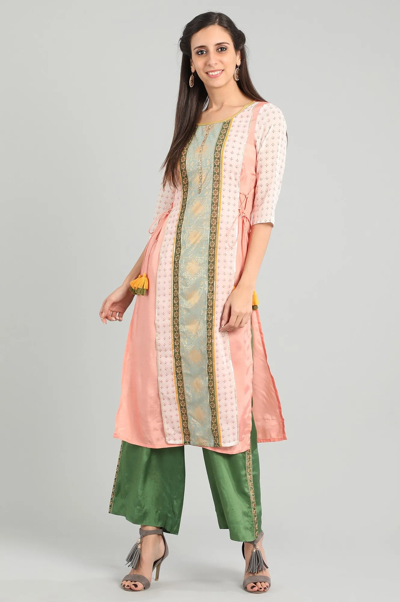 Pink Round Neck Printed kurta Set
