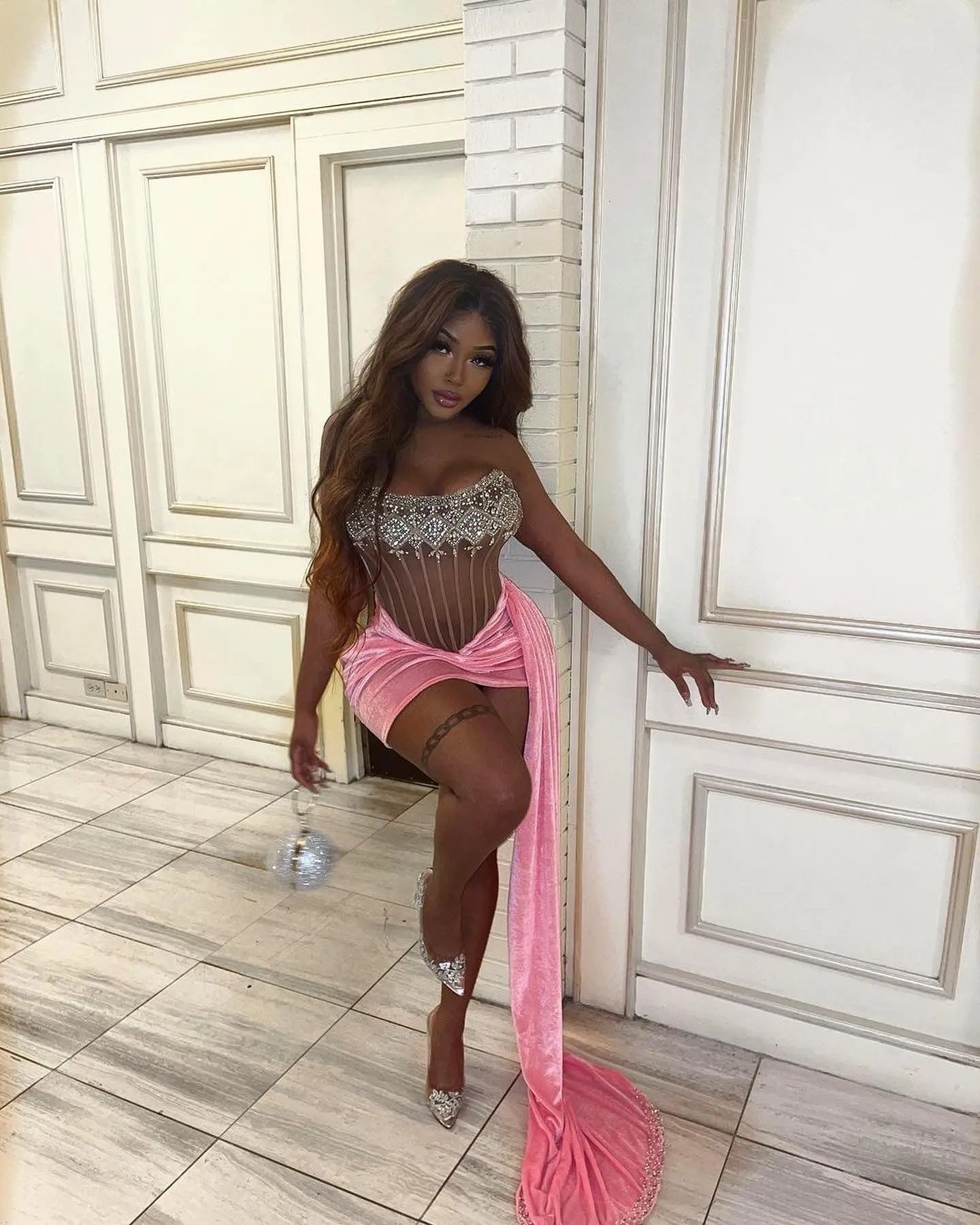 Pink Velvet Crystal Corset Bodice Mini Dress