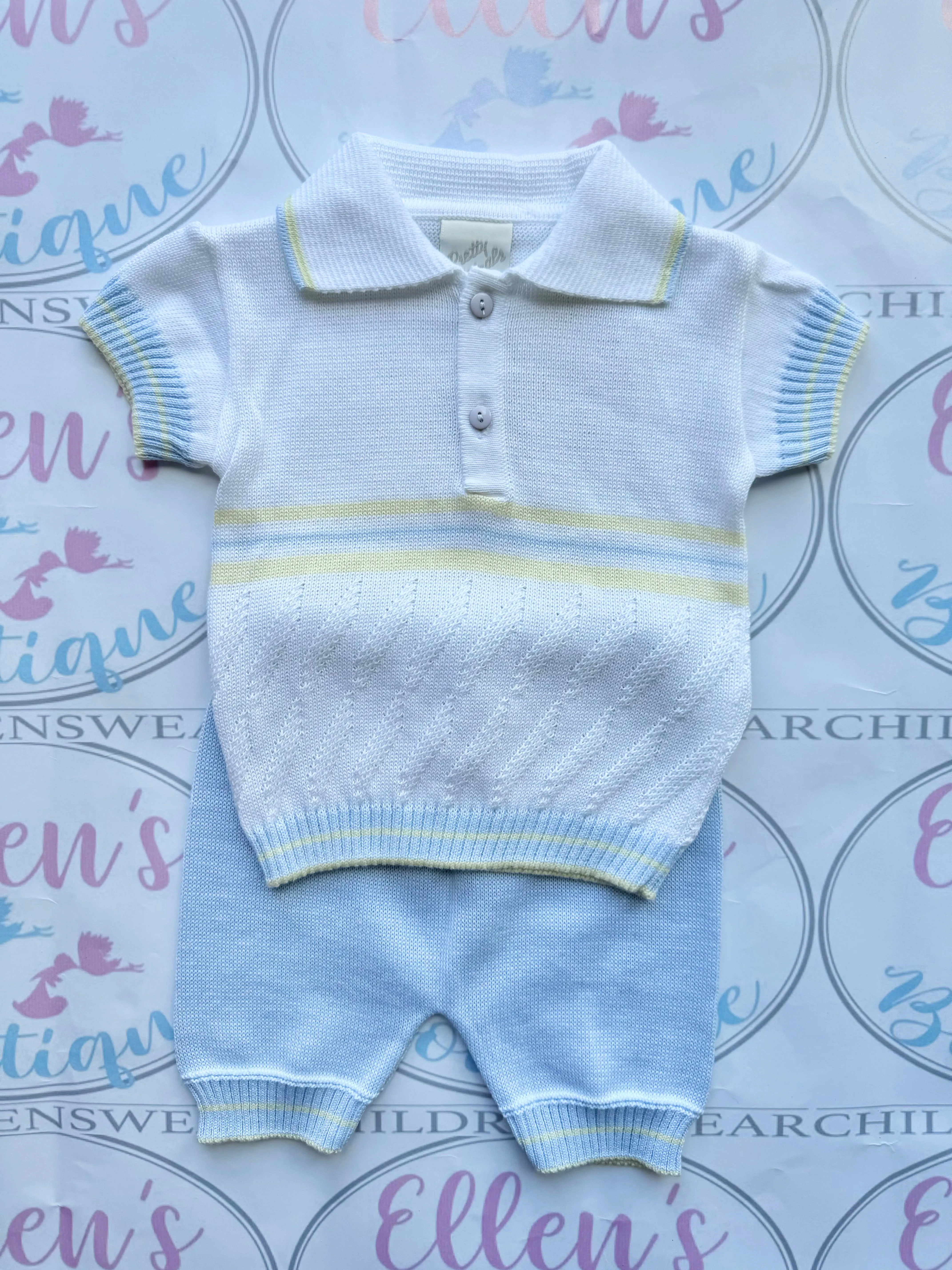 Pretty Originals Blue and Lemon Knitted Short Set