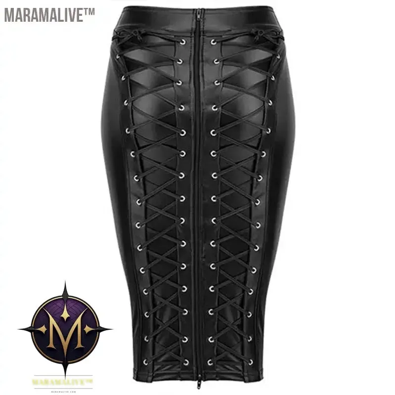 PU Leather Skirt up Zipper Bandage Bodycon Faux Leather 2021 Back Lace Womens Ladies Knee Length Wet Look Plus Size Black Style