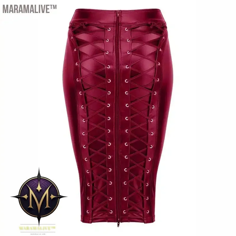 PU Leather Skirt up Zipper Bandage Bodycon Faux Leather 2021 Back Lace Womens Ladies Knee Length Wet Look Plus Size Black Style
