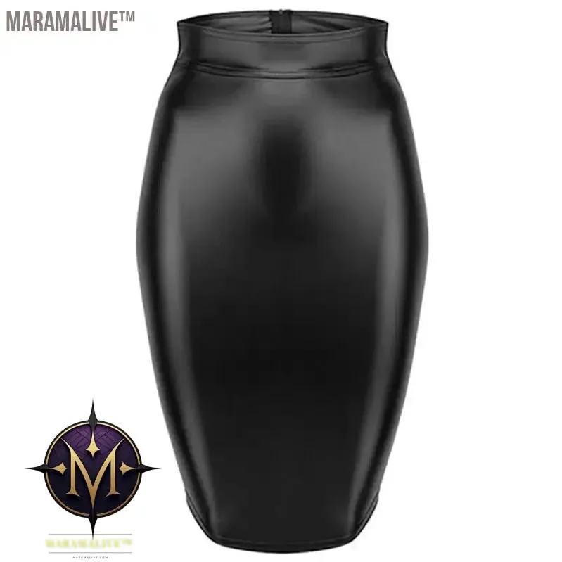 PU Leather Skirt up Zipper Bandage Bodycon Faux Leather 2021 Back Lace Womens Ladies Knee Length Wet Look Plus Size Black Style