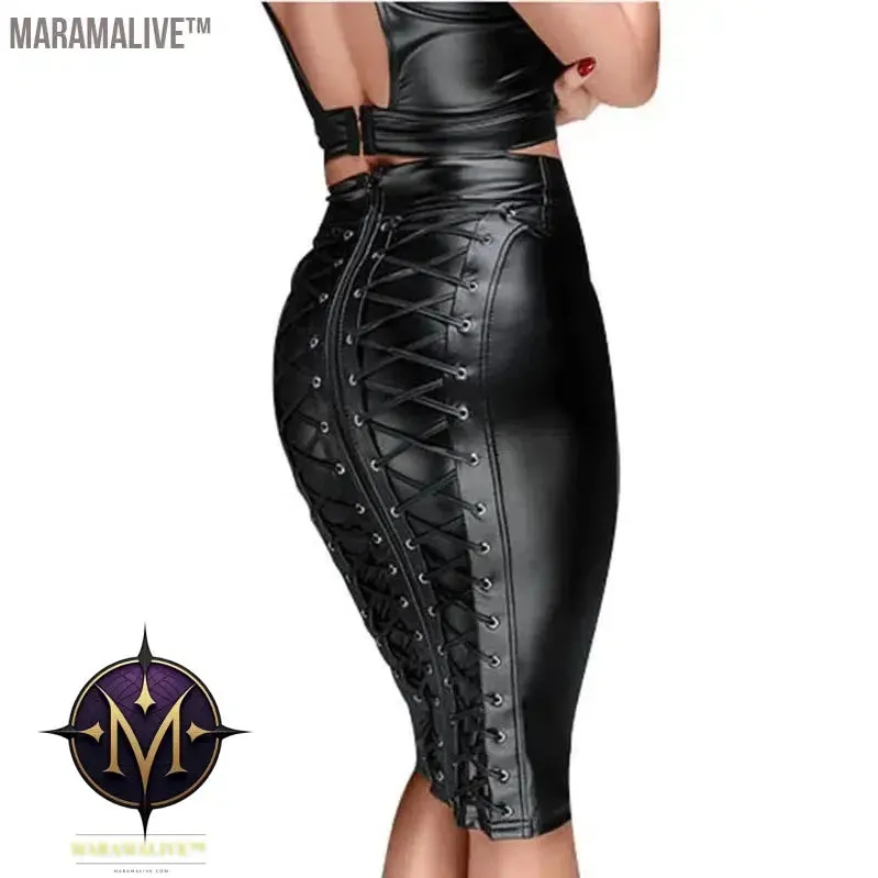 PU Leather Skirt up Zipper Bandage Bodycon Faux Leather 2021 Back Lace Womens Ladies Knee Length Wet Look Plus Size Black Style