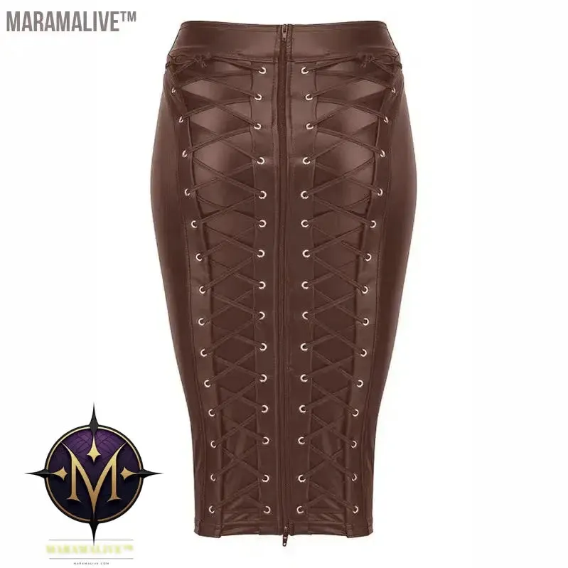 PU Leather Skirt up Zipper Bandage Bodycon Faux Leather 2021 Back Lace Womens Ladies Knee Length Wet Look Plus Size Black Style