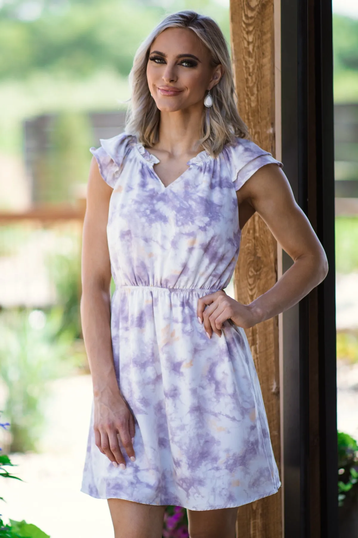 Purple and Ivory Tie Dye Elastic Waist Dress