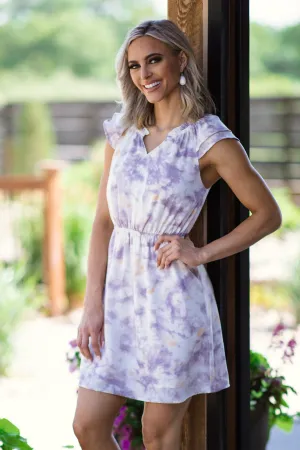 Purple and Ivory Tie Dye Elastic Waist Dress