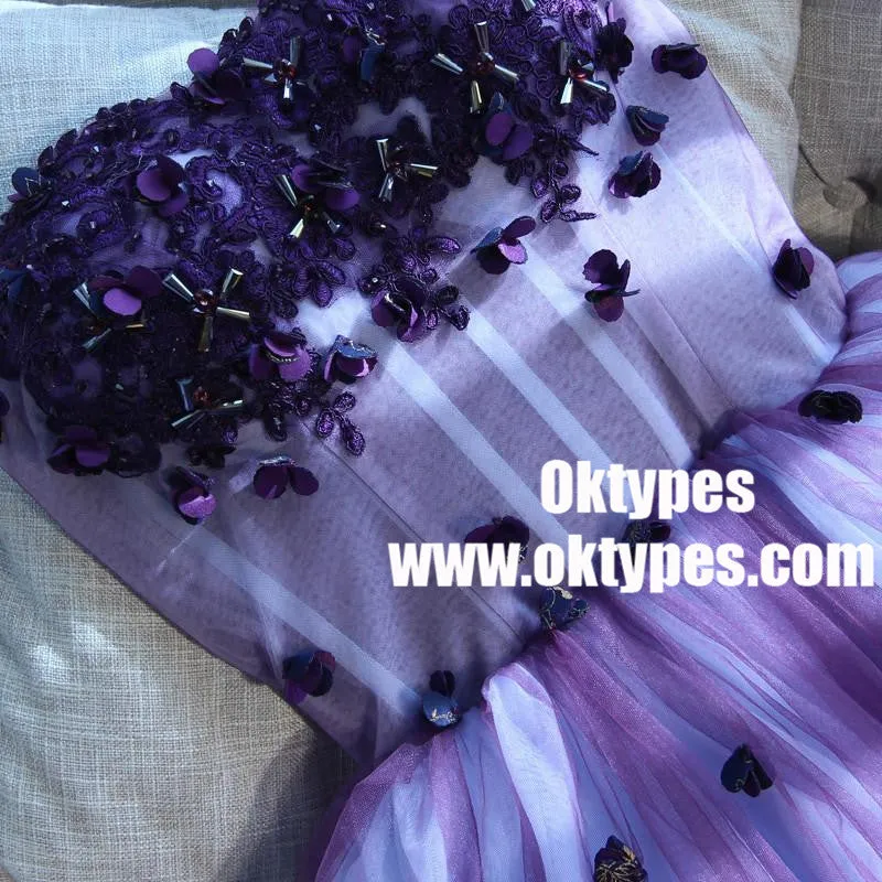 Purple Tulle Ball Gown Homecoming Dresses With Handmade Flower Beaded, TYP0965