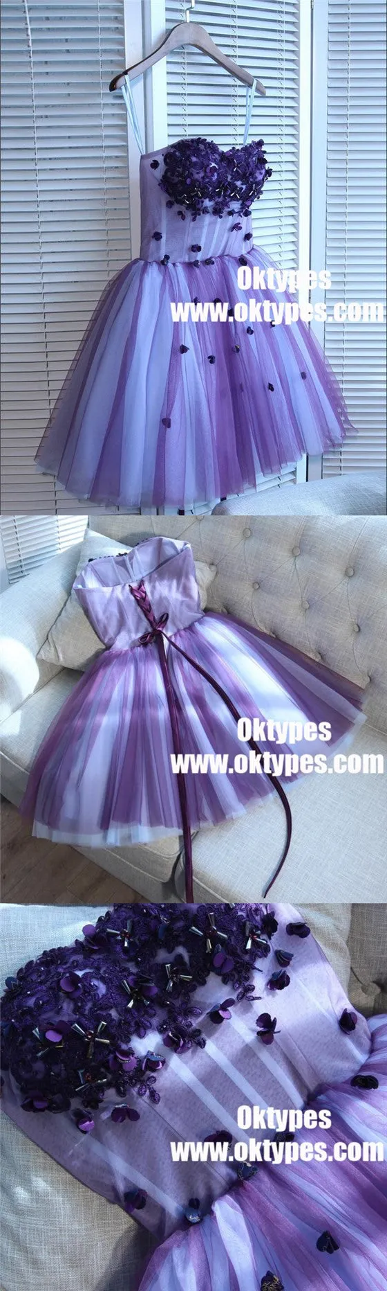 Purple Tulle Ball Gown Homecoming Dresses With Handmade Flower Beaded, TYP0965