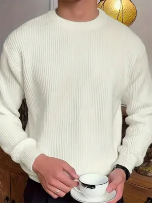 QA Men's Round Neck Solid Color Drop Shoulder Casual Sweater