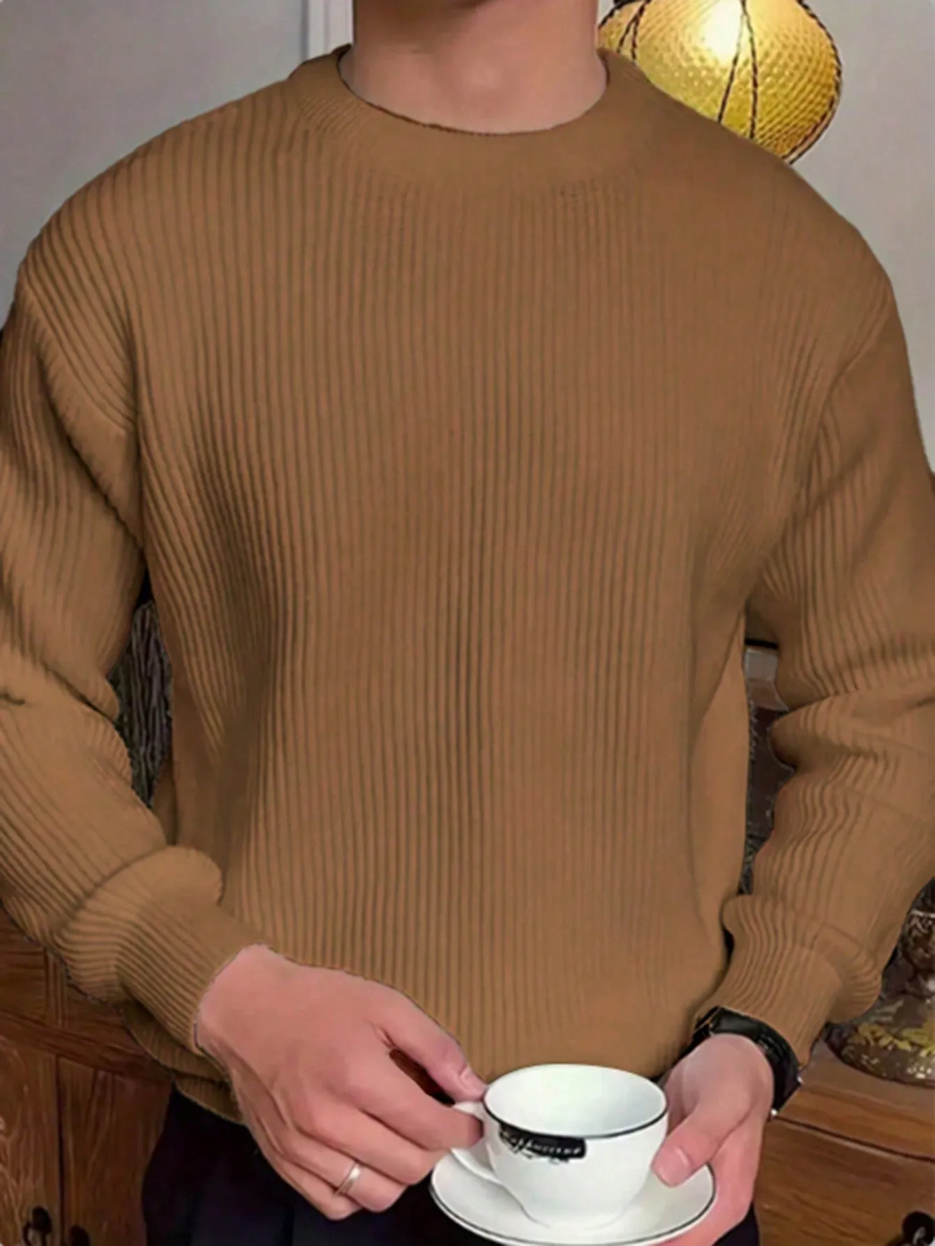 QA Men's Round Neck Solid Color Drop Shoulder Casual Sweater