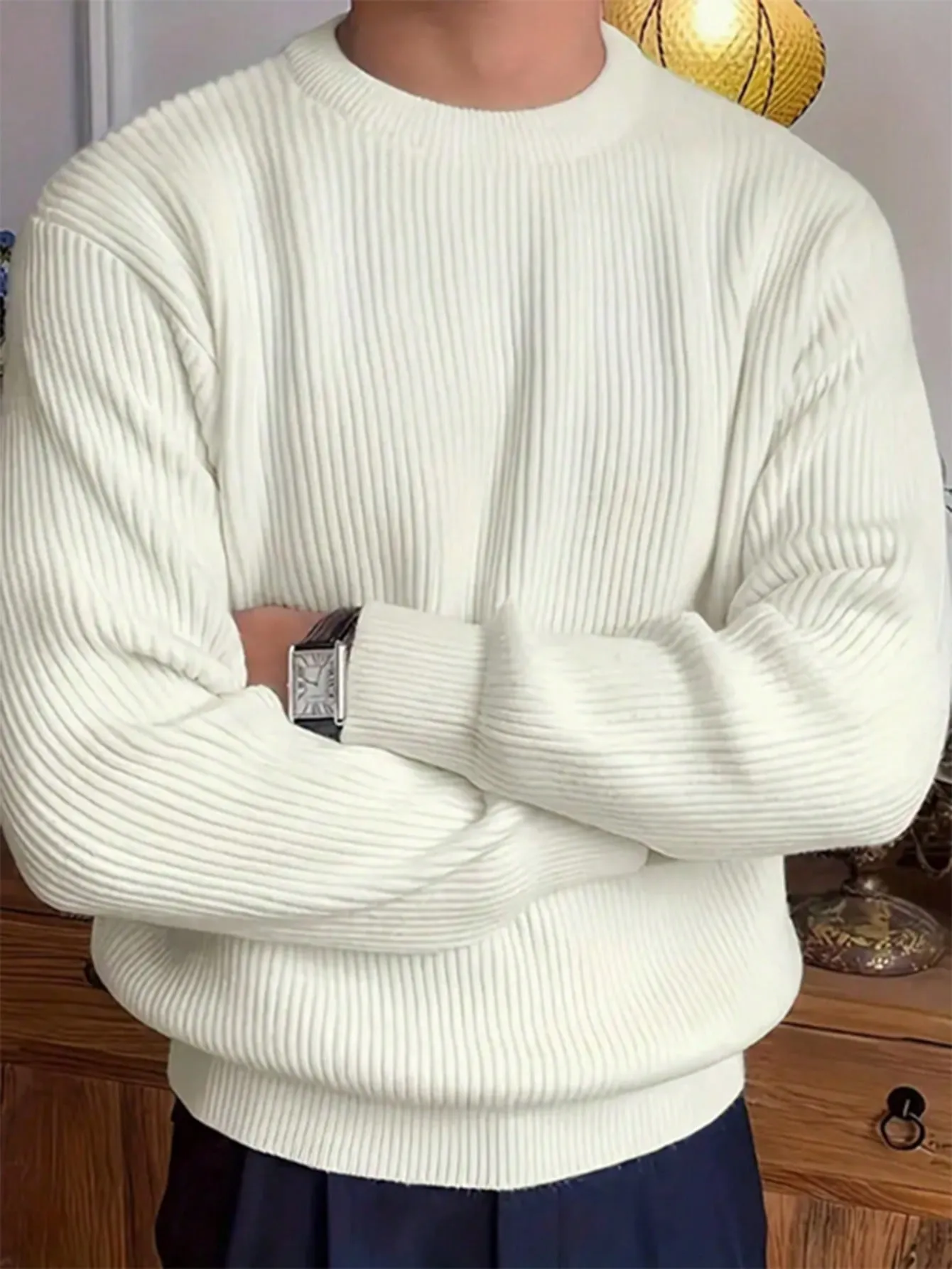 QA Men's Round Neck Solid Color Drop Shoulder Casual Sweater
