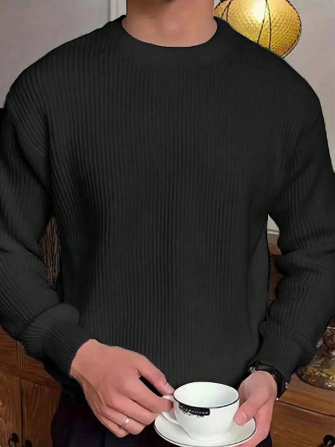 QA Men's Round Neck Solid Color Drop Shoulder Casual Sweater