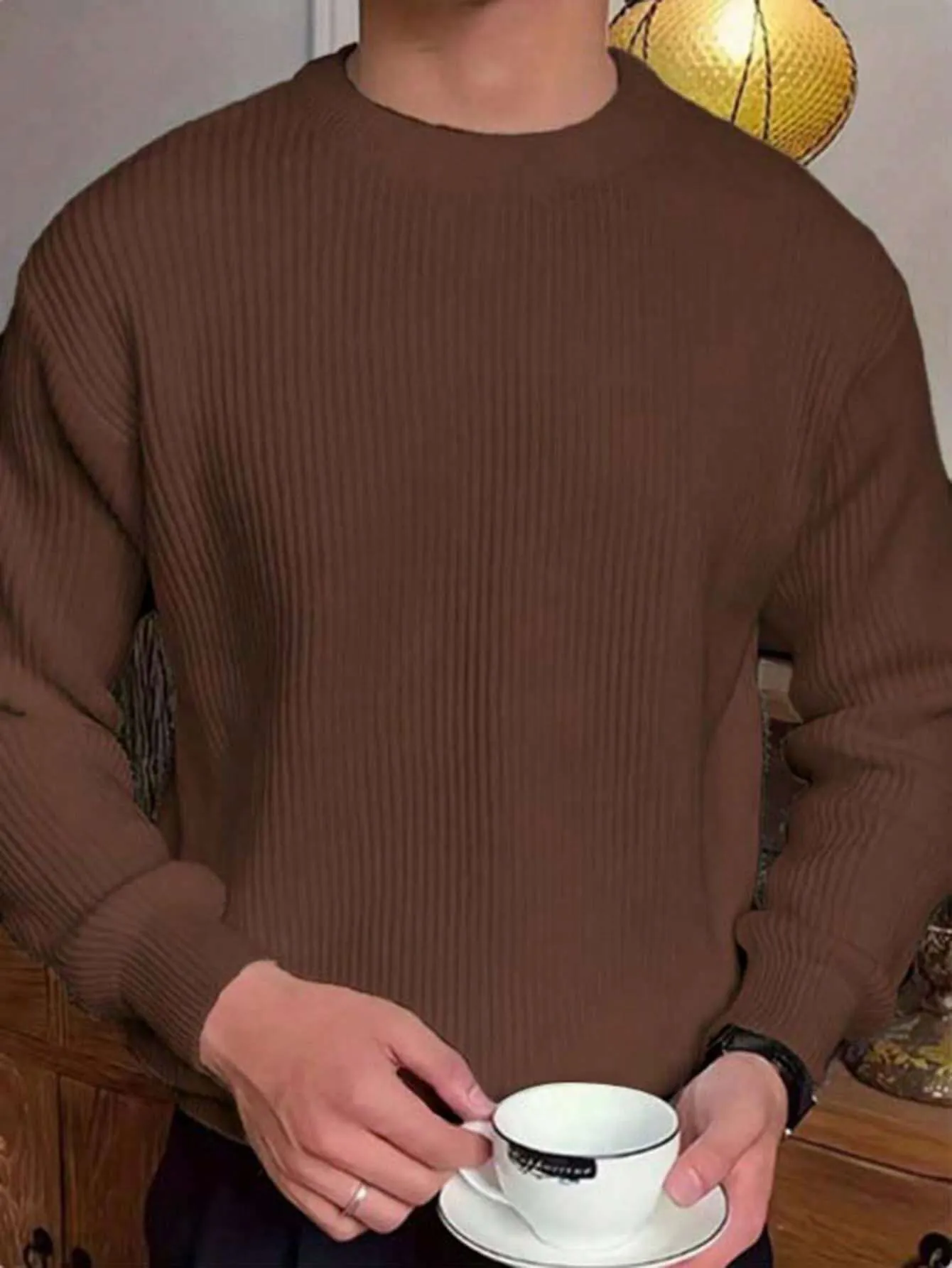 QA Men's Round Neck Solid Color Drop Shoulder Casual Sweater