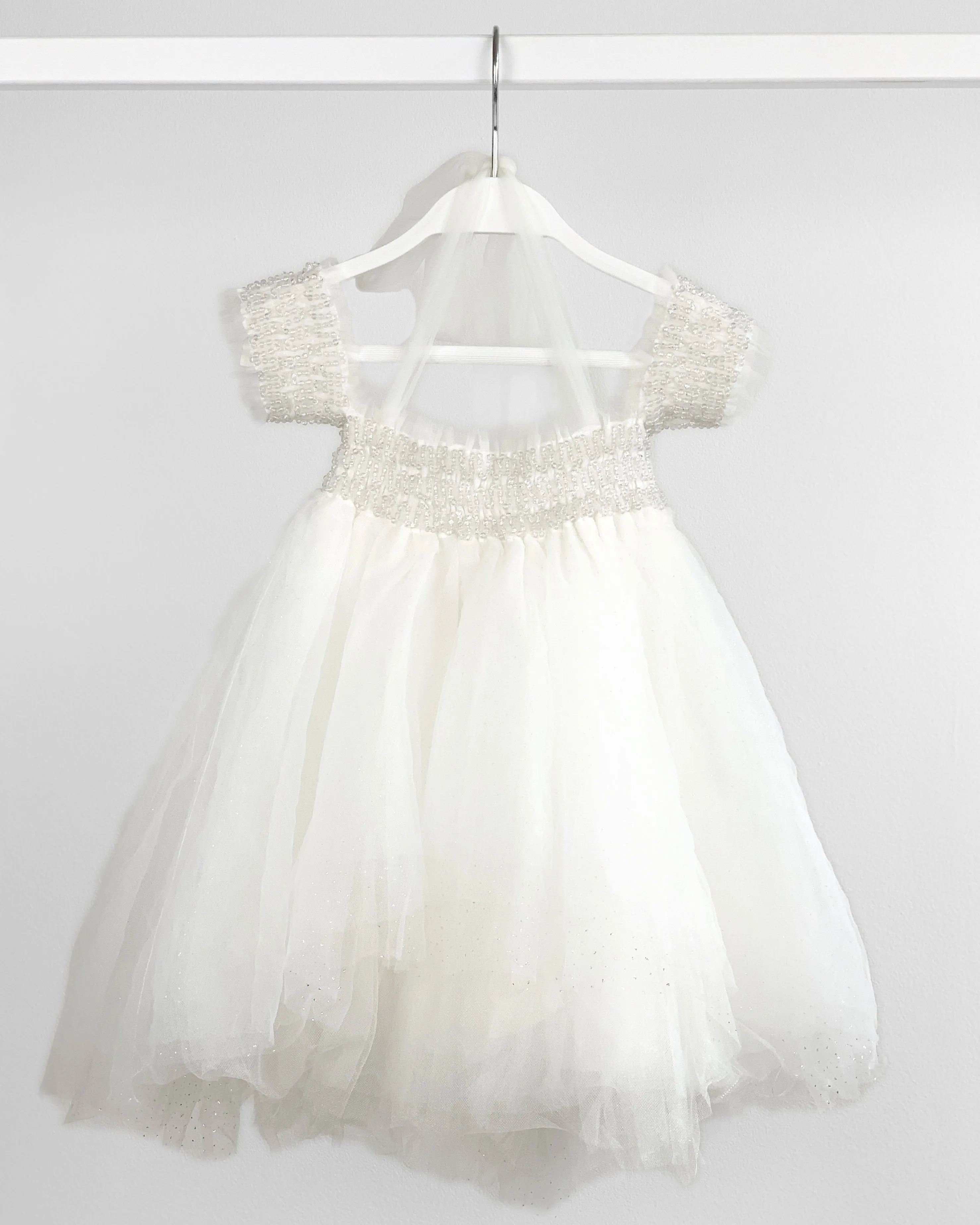 "Elise" White Beaded Sparkle Tulle Dress