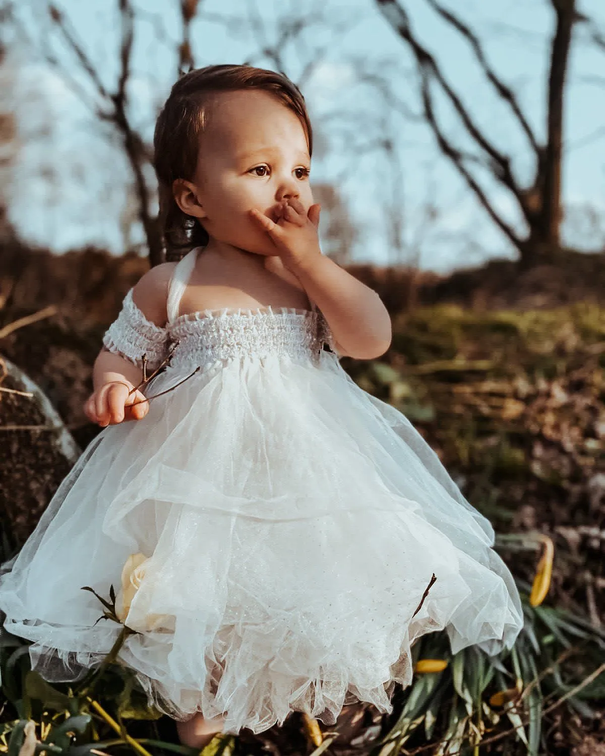 "Elise" White Beaded Sparkle Tulle Dress