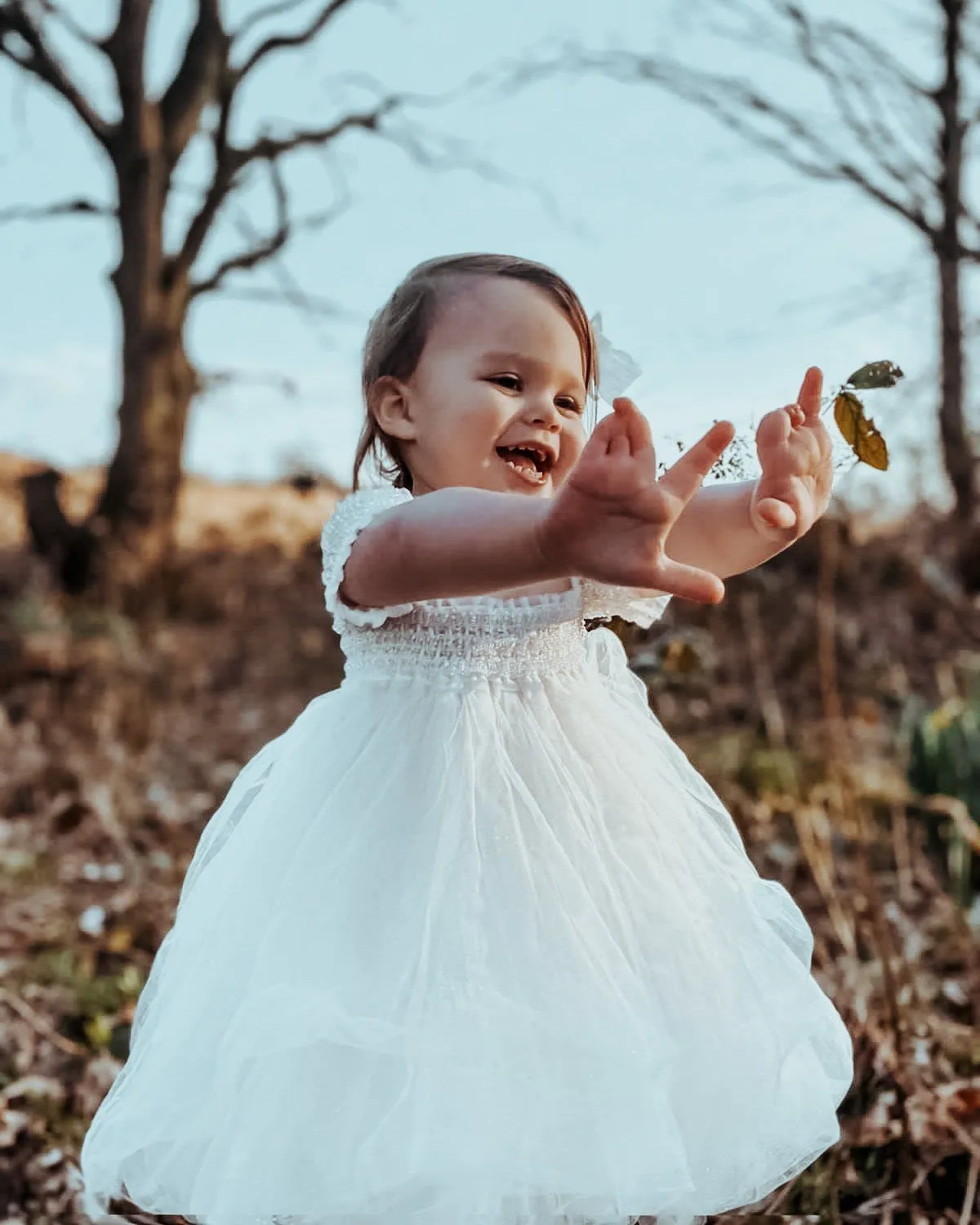 "Elise" White Beaded Sparkle Tulle Dress