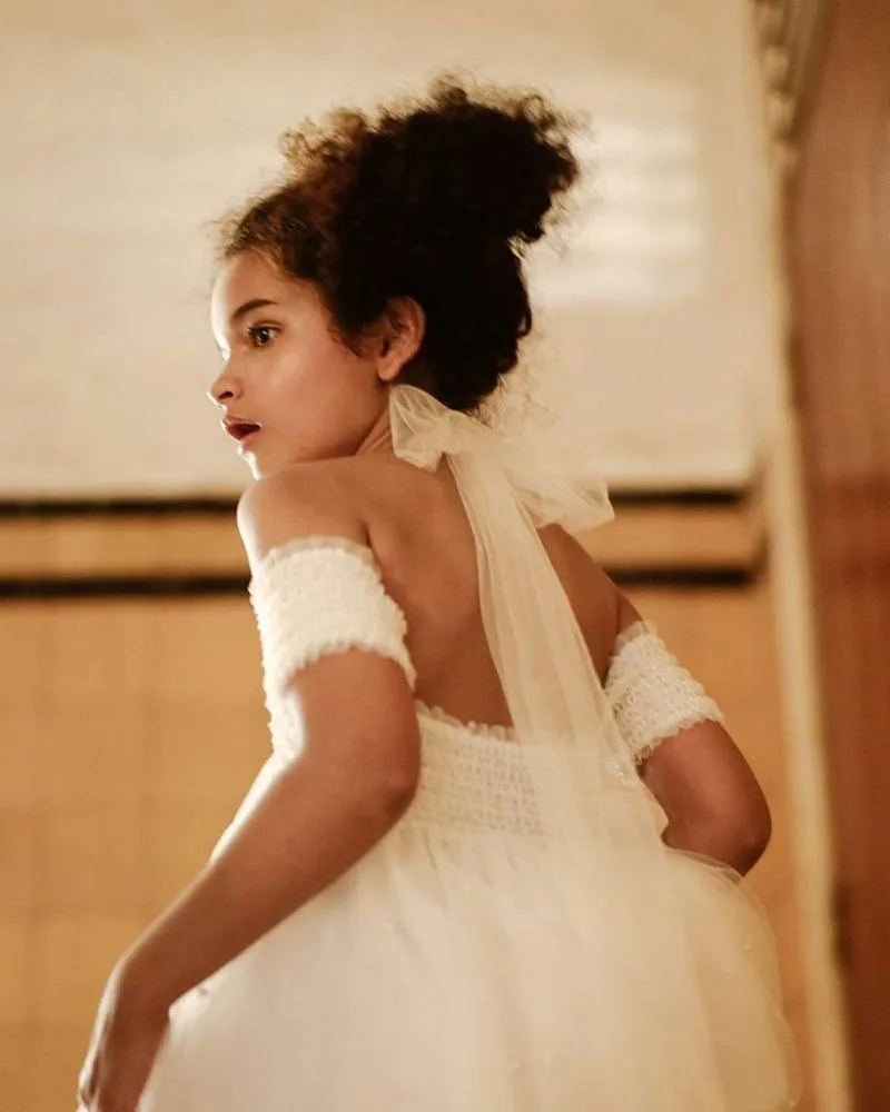 "Elise" White Beaded Sparkle Tulle Dress