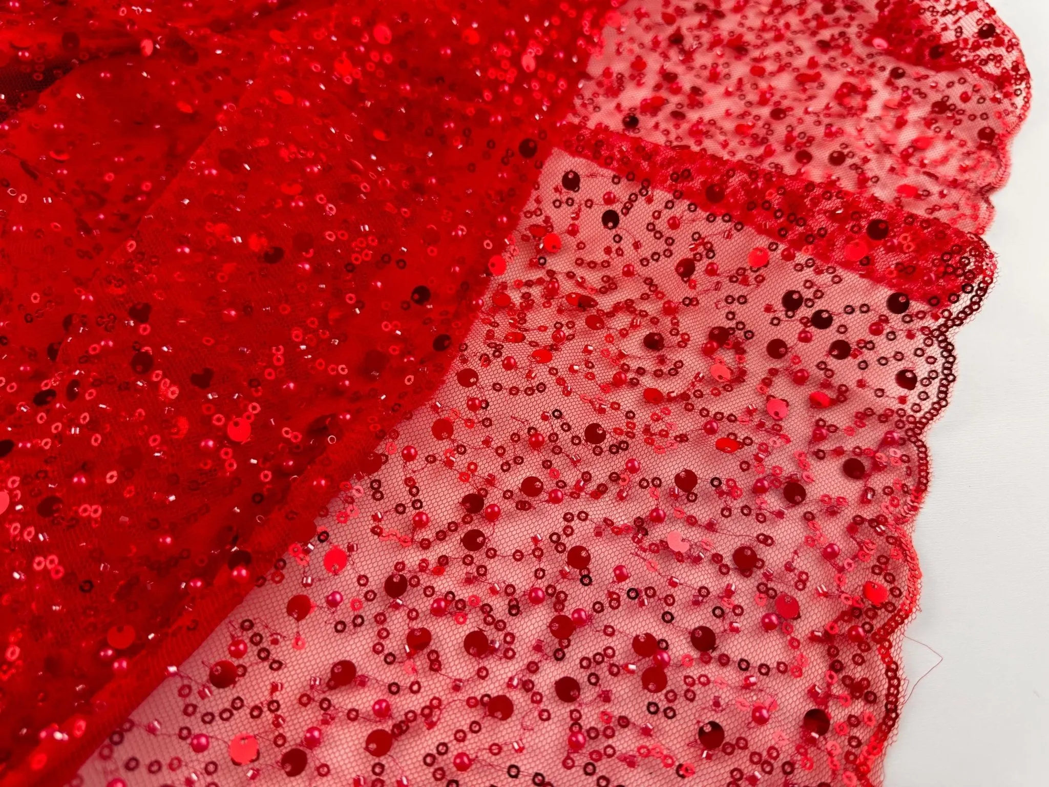 Red Beaded Lace Fabric by Yard | Embroidered with Pearls & Sequins Mesh | Red Sequin on Sheer Mesh Bridal Dresses, Gowns, Veils, Table Decor