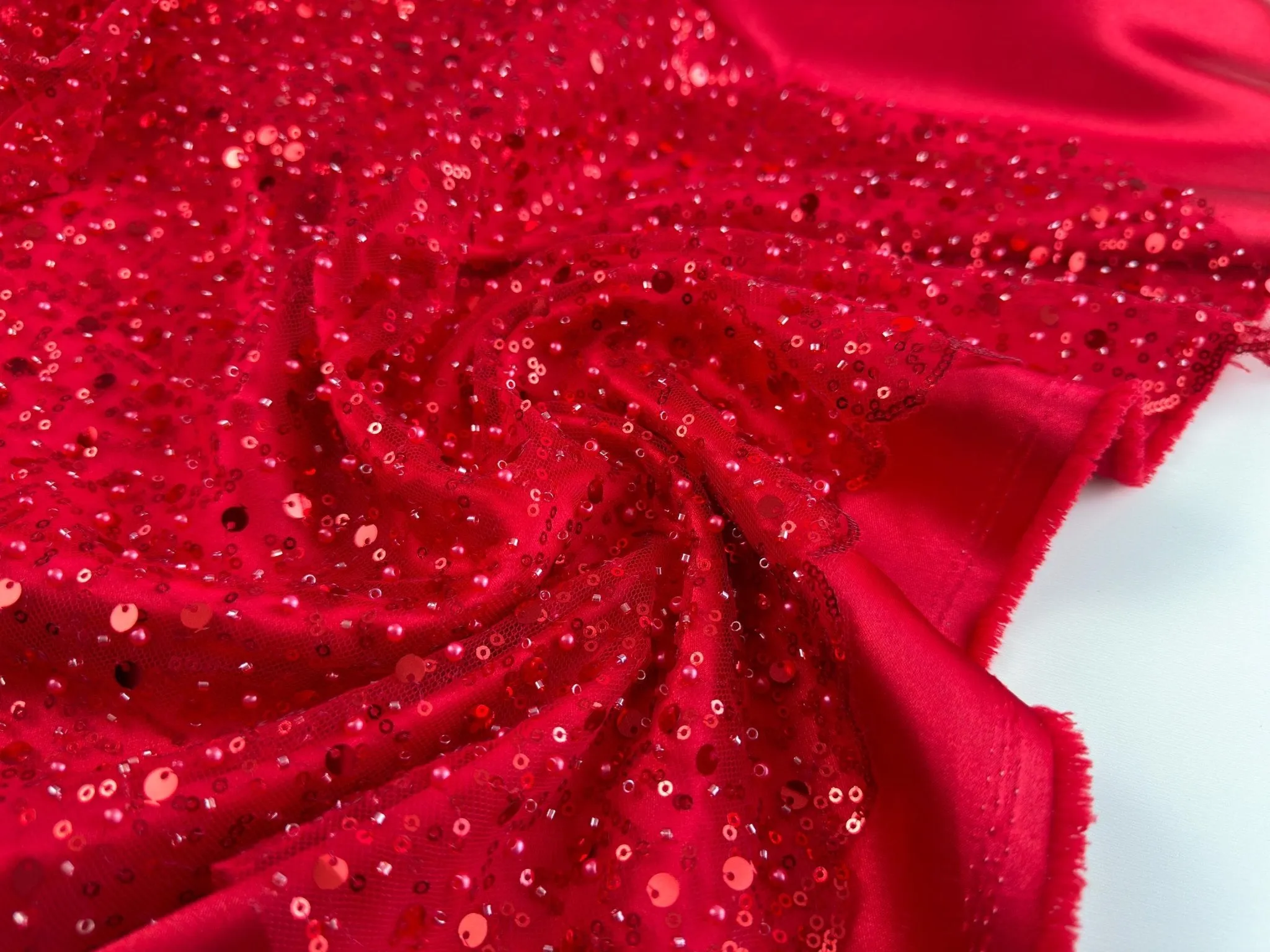 Red Beaded Lace Fabric by Yard | Embroidered with Pearls & Sequins Mesh | Red Sequin on Sheer Mesh Bridal Dresses, Gowns, Veils, Table Decor