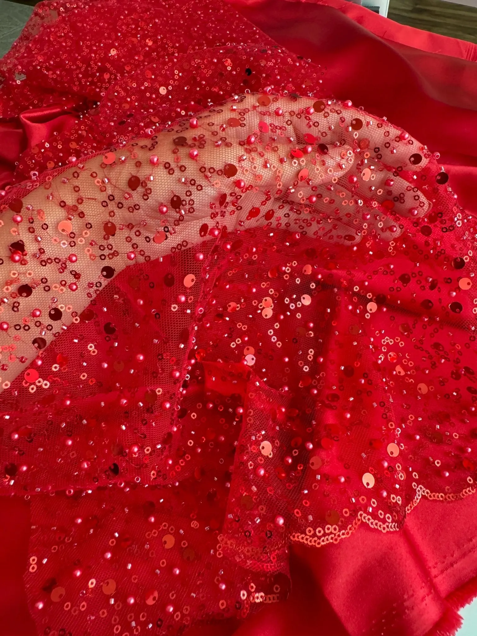 Red Beaded Lace Fabric by Yard | Embroidered with Pearls & Sequins Mesh | Red Sequin on Sheer Mesh Bridal Dresses, Gowns, Veils, Table Decor