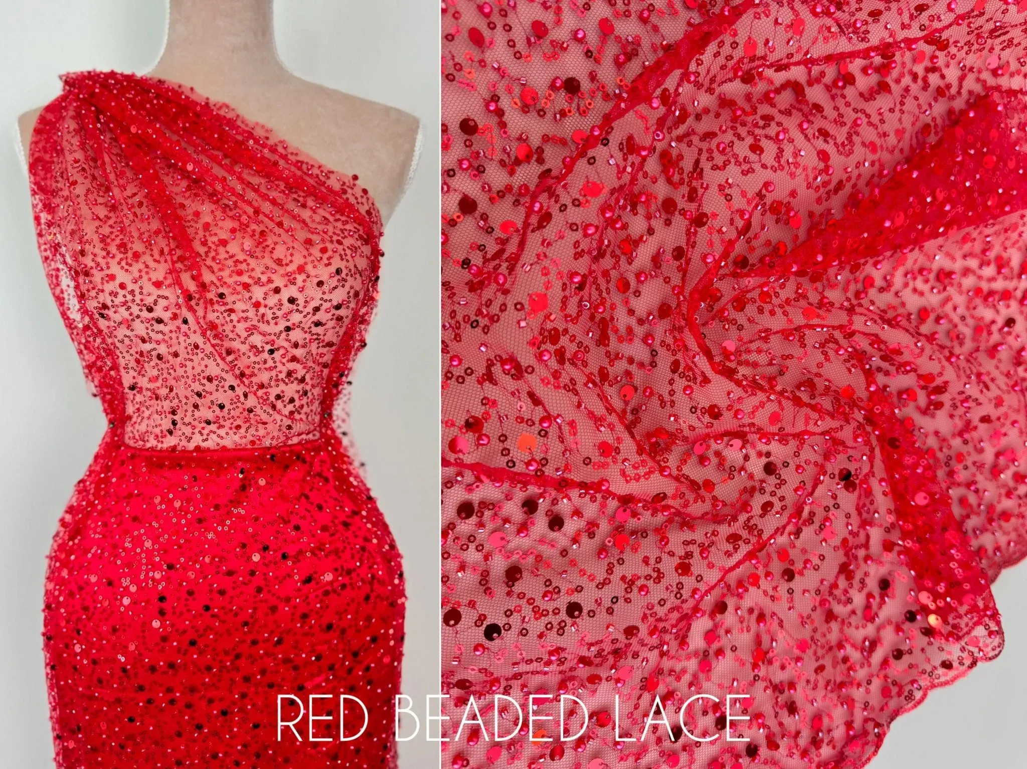 Red Beaded Lace Fabric by Yard | Embroidered with Pearls & Sequins Mesh | Red Sequin on Sheer Mesh Bridal Dresses, Gowns, Veils, Table Decor