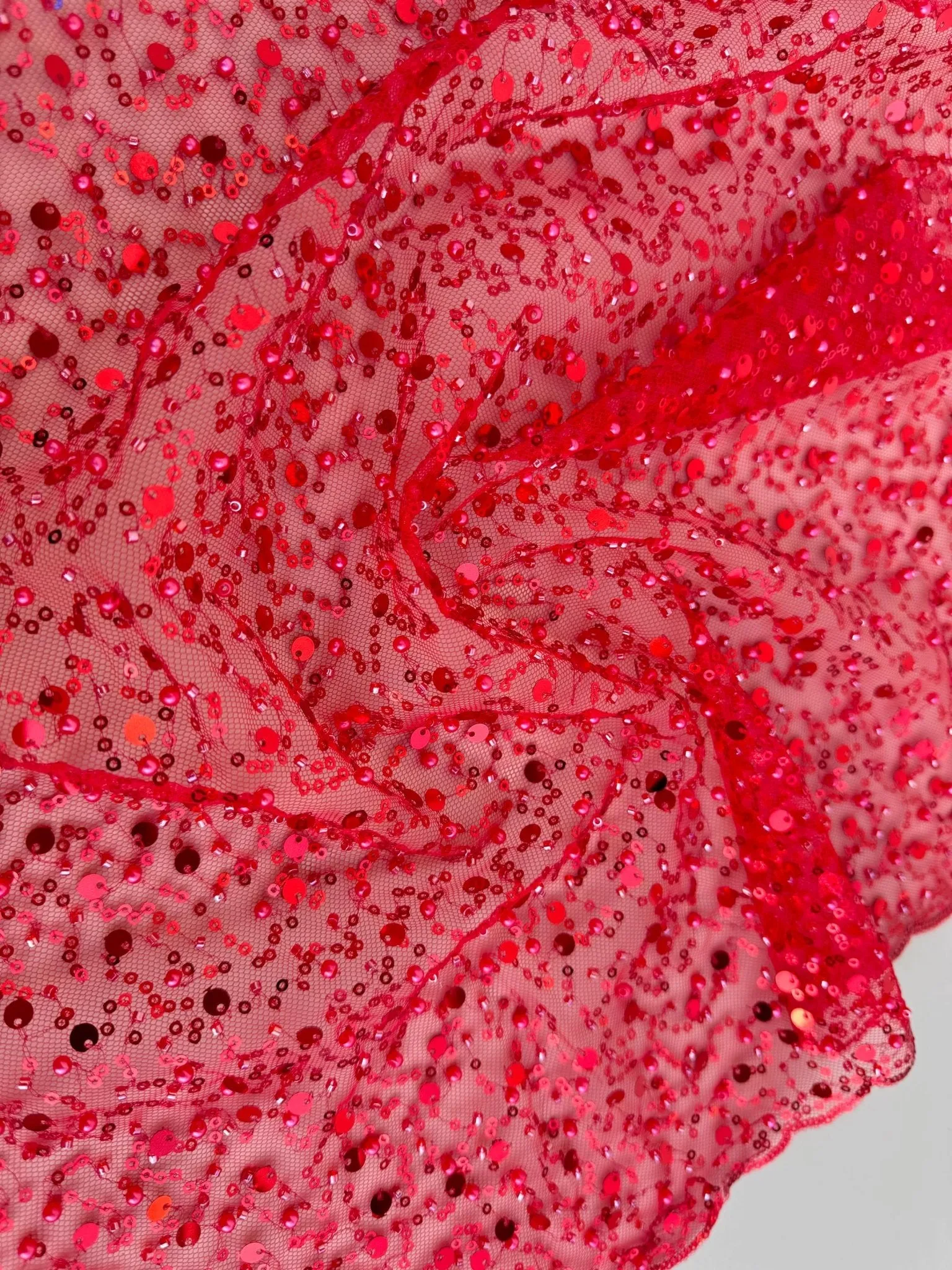 Red Beaded Lace Fabric by Yard | Embroidered with Pearls & Sequins Mesh | Red Sequin on Sheer Mesh Bridal Dresses, Gowns, Veils, Table Decor