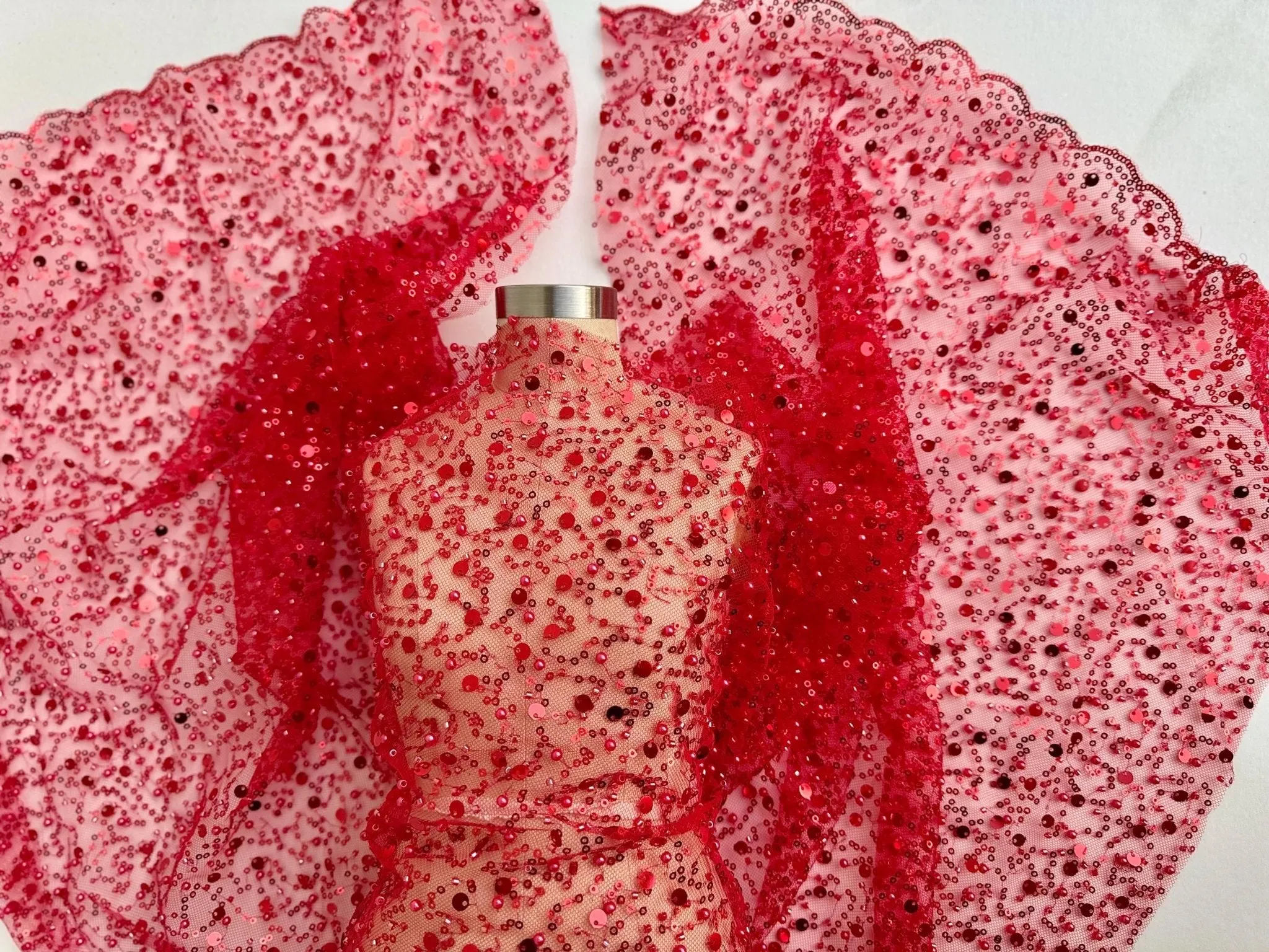 Red Beaded Lace Fabric by Yard | Embroidered with Pearls & Sequins Mesh | Red Sequin on Sheer Mesh Bridal Dresses, Gowns, Veils, Table Decor