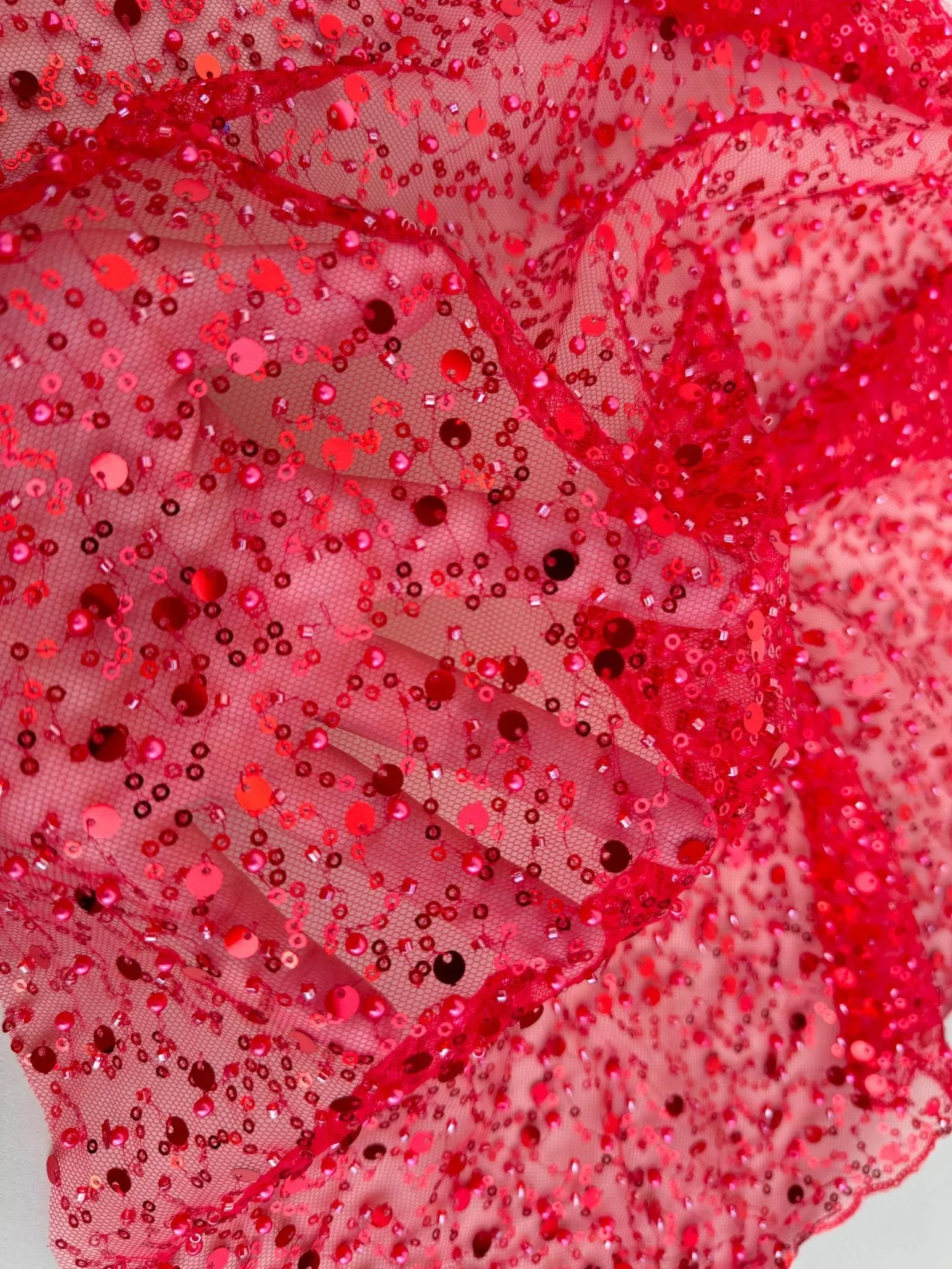 Red Beaded Lace Fabric by Yard | Embroidered with Pearls & Sequins Mesh | Red Sequin on Sheer Mesh Bridal Dresses, Gowns, Veils, Table Decor