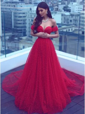 red prom dresses long off the shoulder beaded peals elegant prom gown vestido de festa de Longo 2020