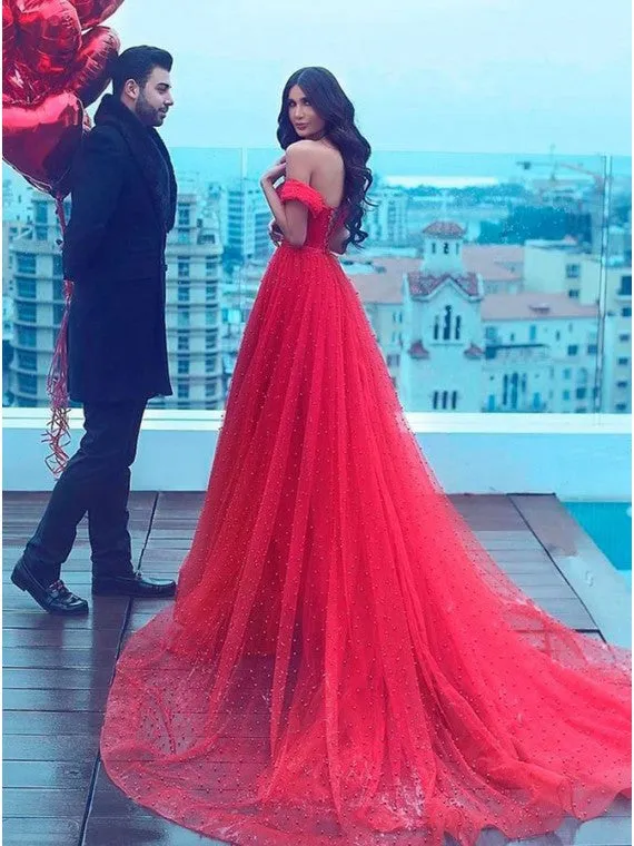 red prom dresses long off the shoulder beaded peals elegant prom gown vestido de festa de Longo 2020