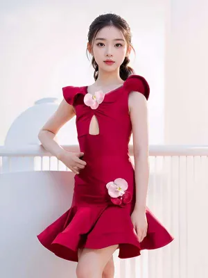 Red with Flowers Latin Dance Dresses for Girls Kids Ballroom Salsa Chacha Latin Performance Clothes Latin Dance Skirts
