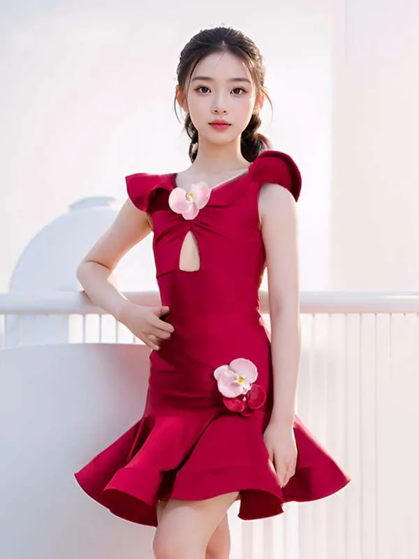 Red with Flowers Latin Dance Dresses for Girls Kids Ballroom Salsa Chacha Latin Performance Clothes Latin Dance Skirts