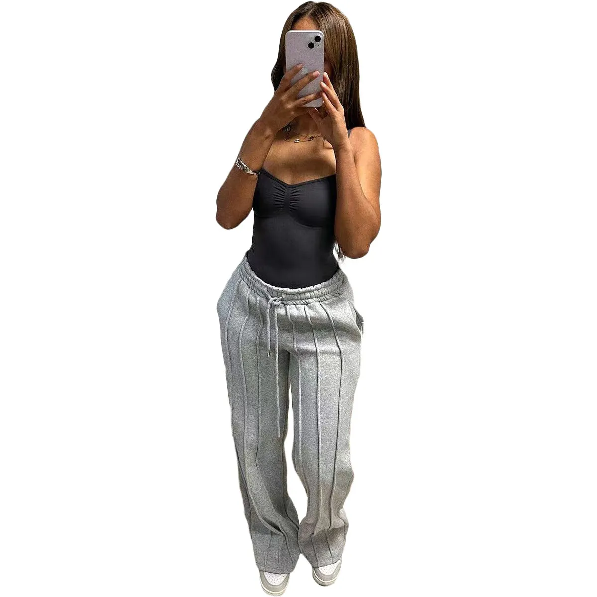 Relaxed Fit Pleated Drawstring Casual Trousers