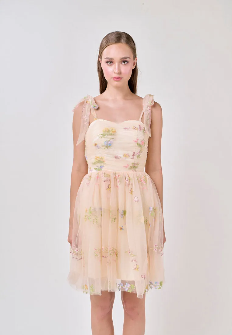 Reveka  Yellow Beaded Floral Embroided Evening Mini Dress