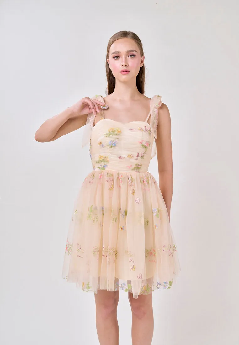 Reveka  Yellow Beaded Floral Embroided Evening Mini Dress
