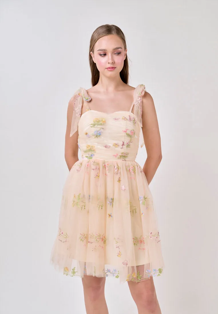 Reveka  Yellow Beaded Floral Embroided Evening Mini Dress