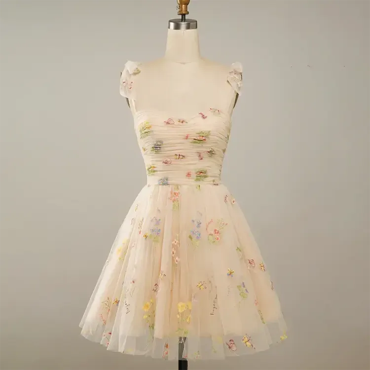 Reveka  Yellow Beaded Floral Embroided Evening Mini Dress