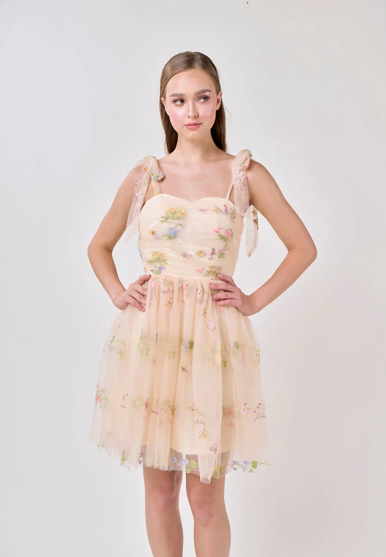 Reveka  Yellow Beaded Floral Embroided Evening Mini Dress