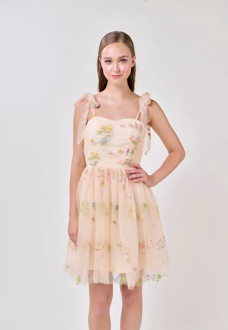 Reveka  Yellow Beaded Floral Embroided Evening Mini Dress