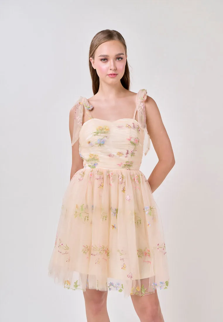 Reveka  Yellow Beaded Floral Embroided Evening Mini Dress