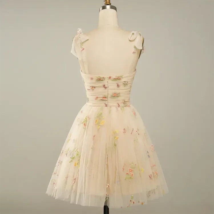 Reveka  Yellow Beaded Floral Embroided Evening Mini Dress