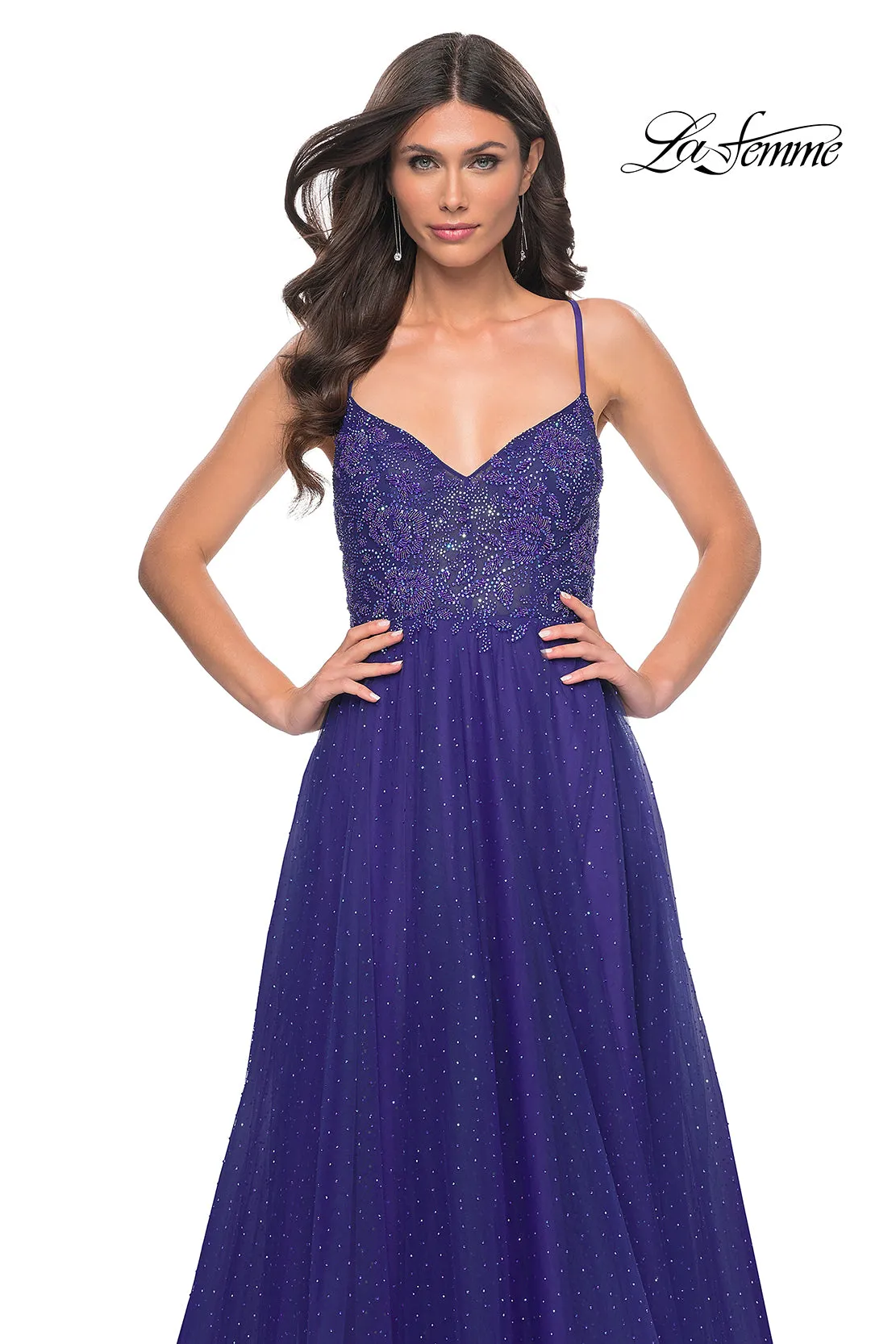 Rhinestone Beaded Illusion Bodice Tulle Gown