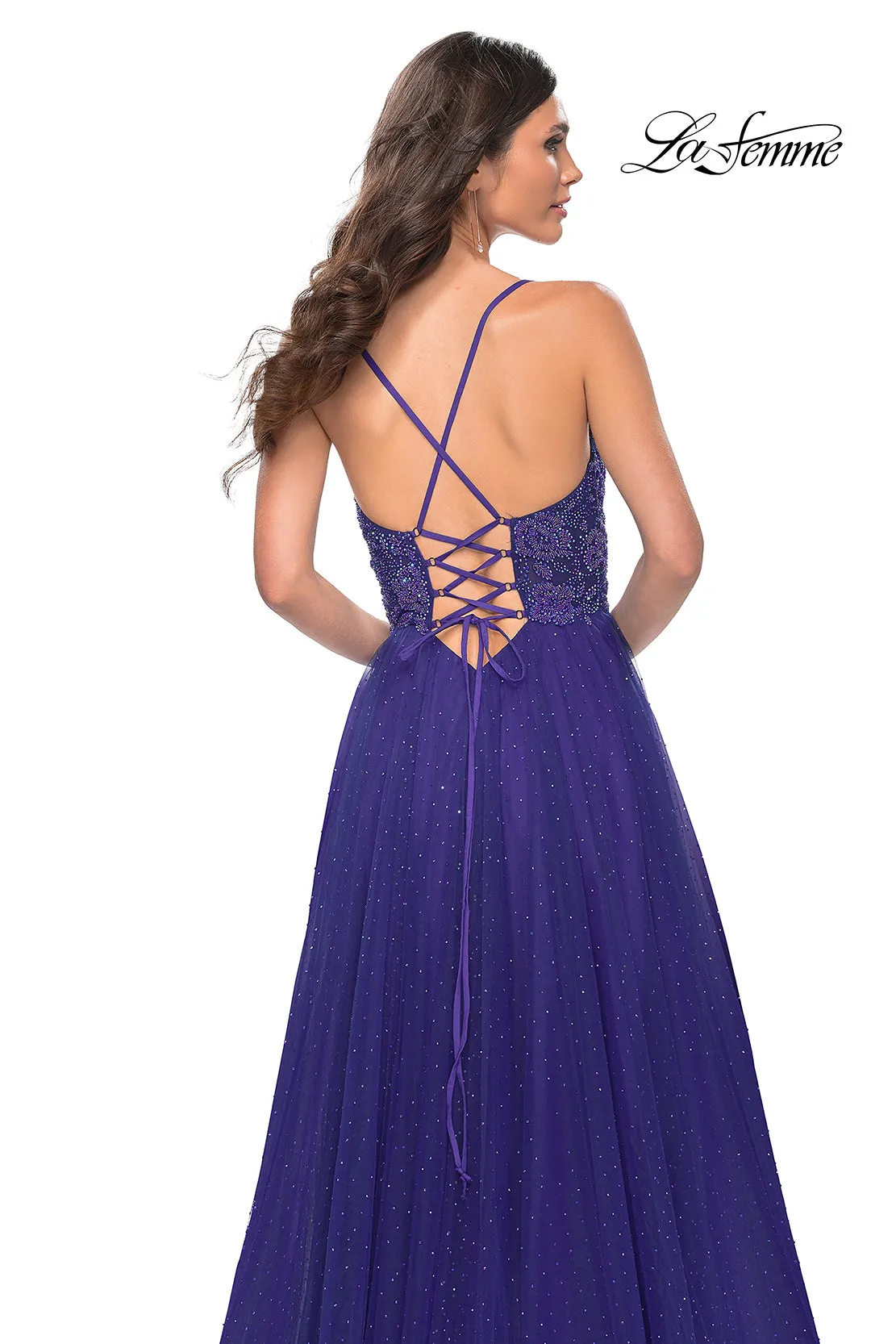 Rhinestone Beaded Illusion Bodice Tulle Gown
