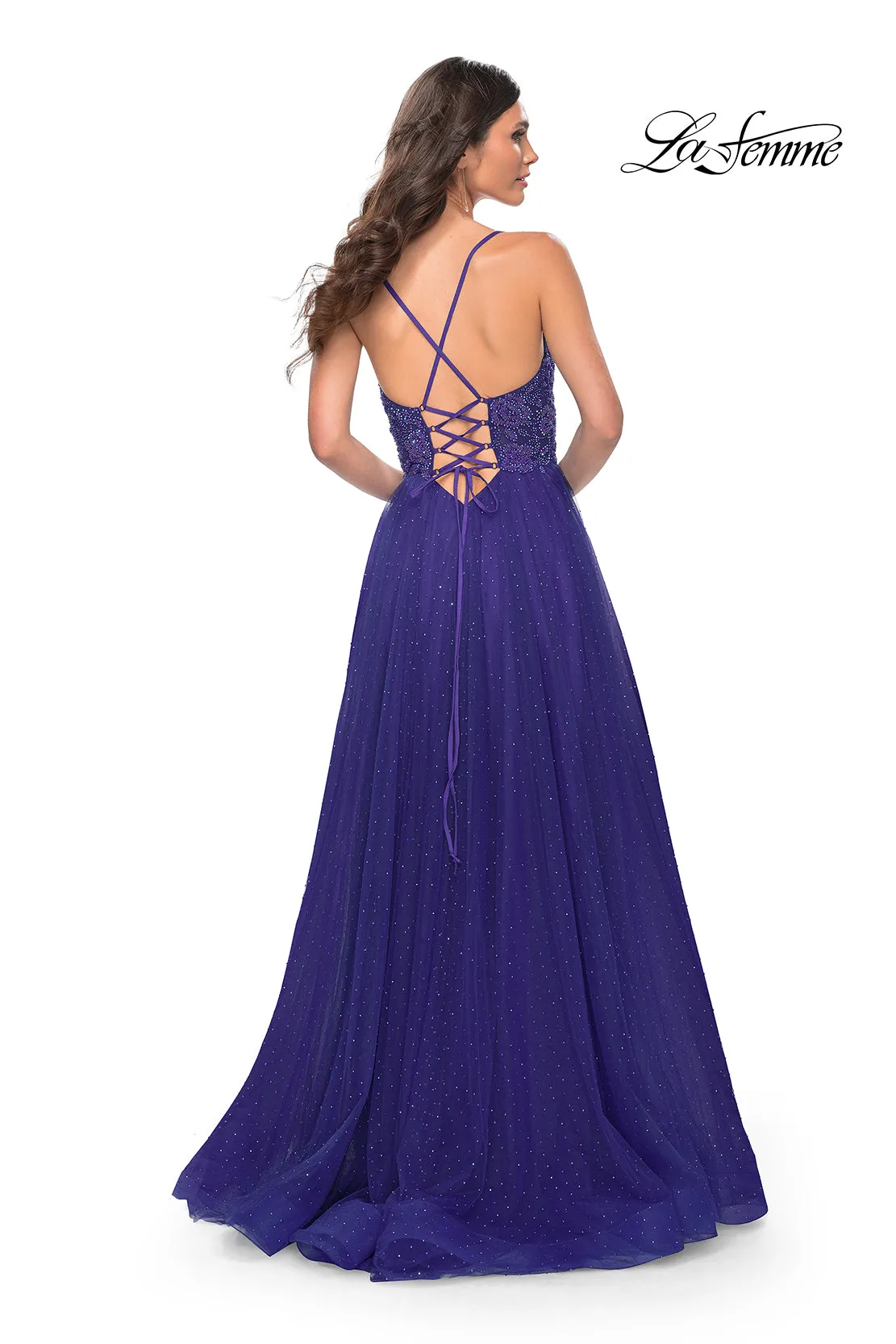 Rhinestone Beaded Illusion Bodice Tulle Gown