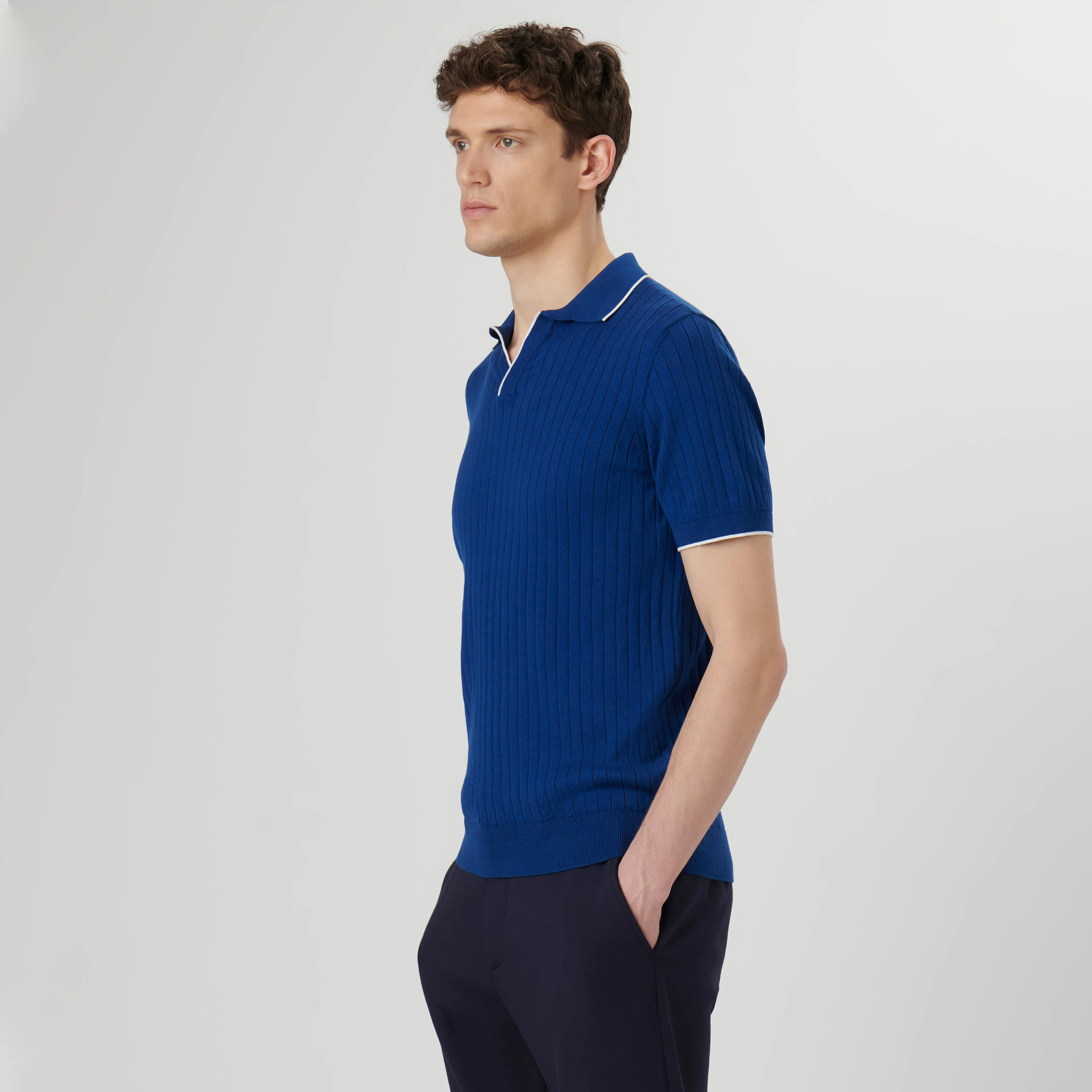 Rib Knit Short Sleeve Johnny Collar Sweater