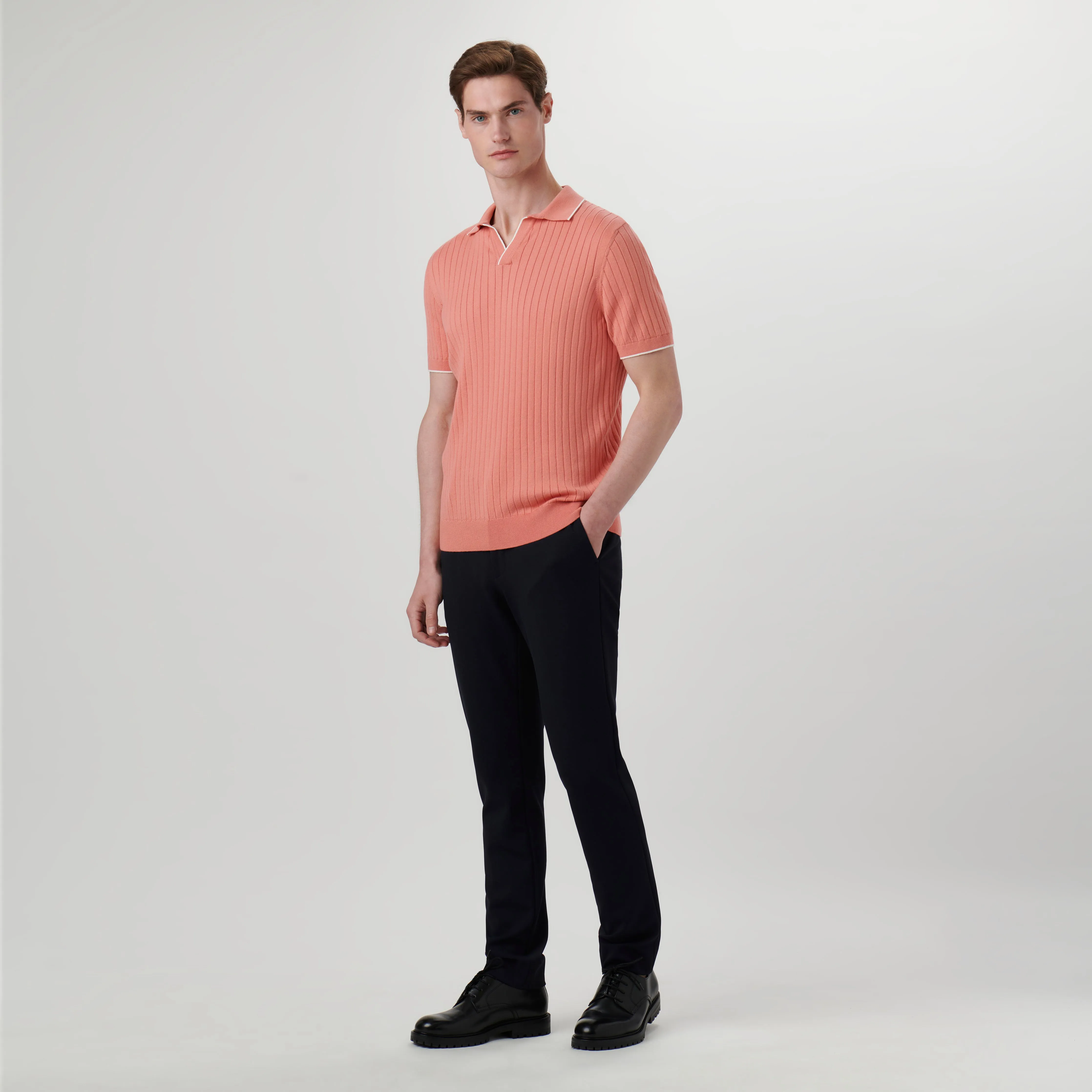 Rib Knit Short Sleeve Johnny Collar Sweater