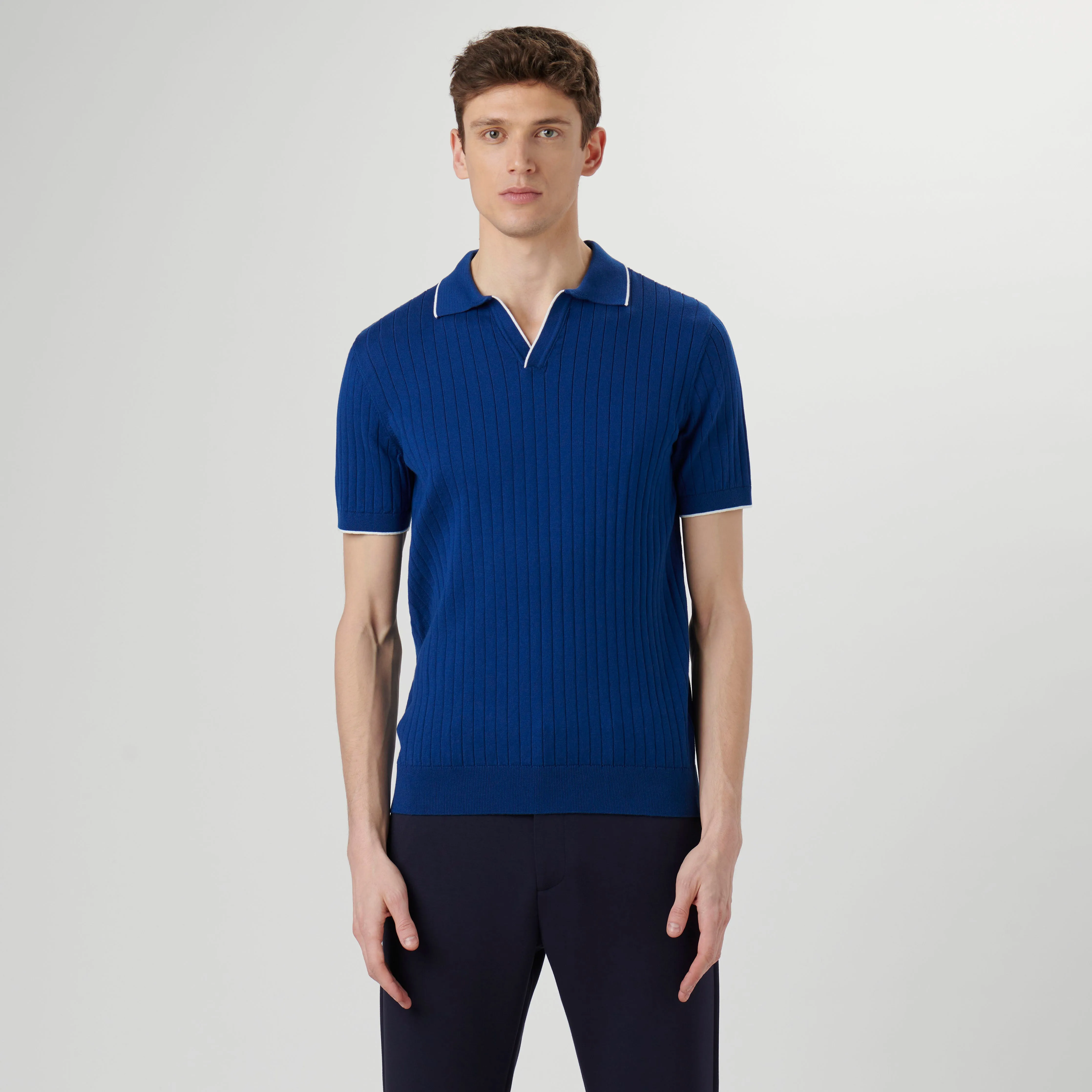 Rib Knit Short Sleeve Johnny Collar Sweater