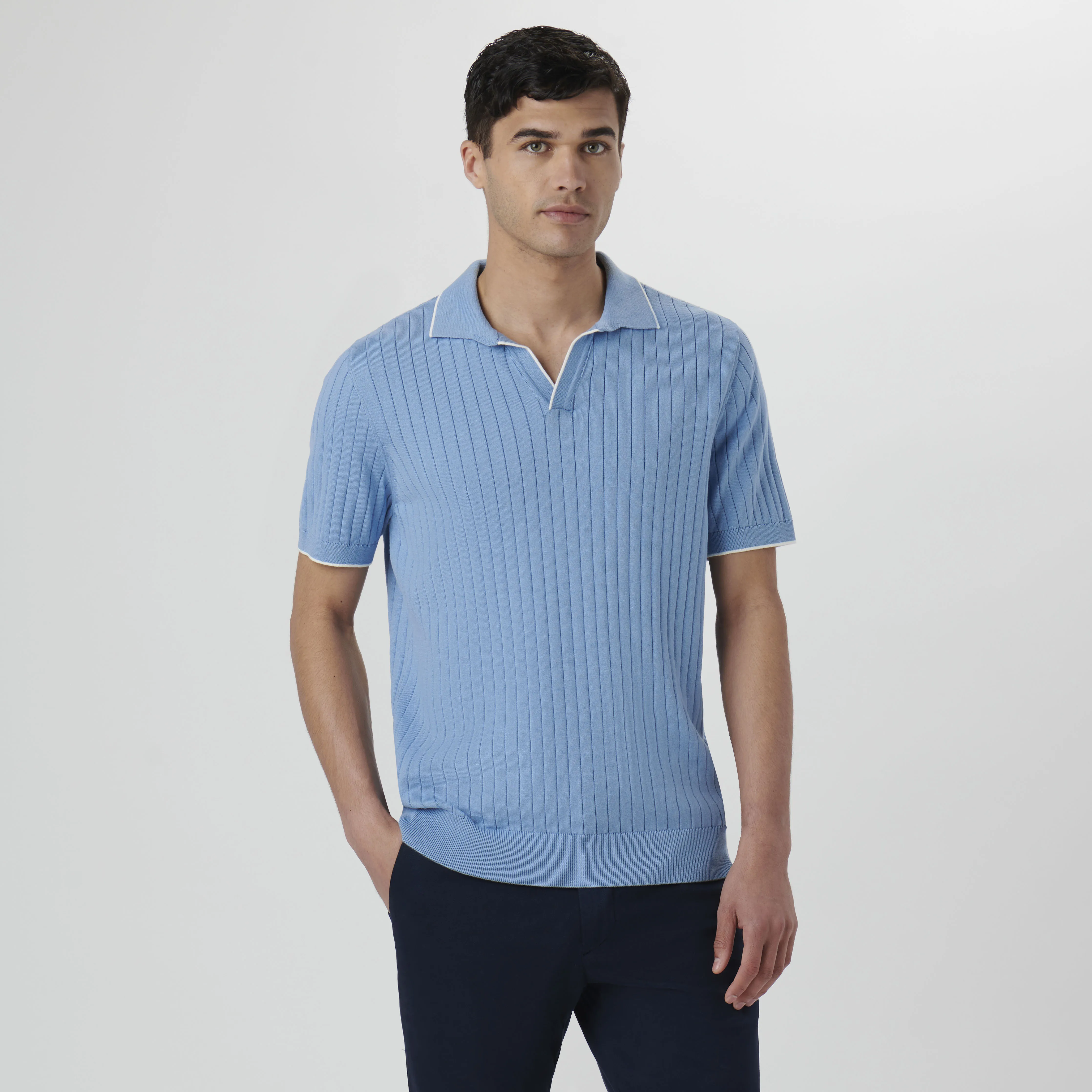 Rib Knit Short Sleeve Johnny Collar Sweater